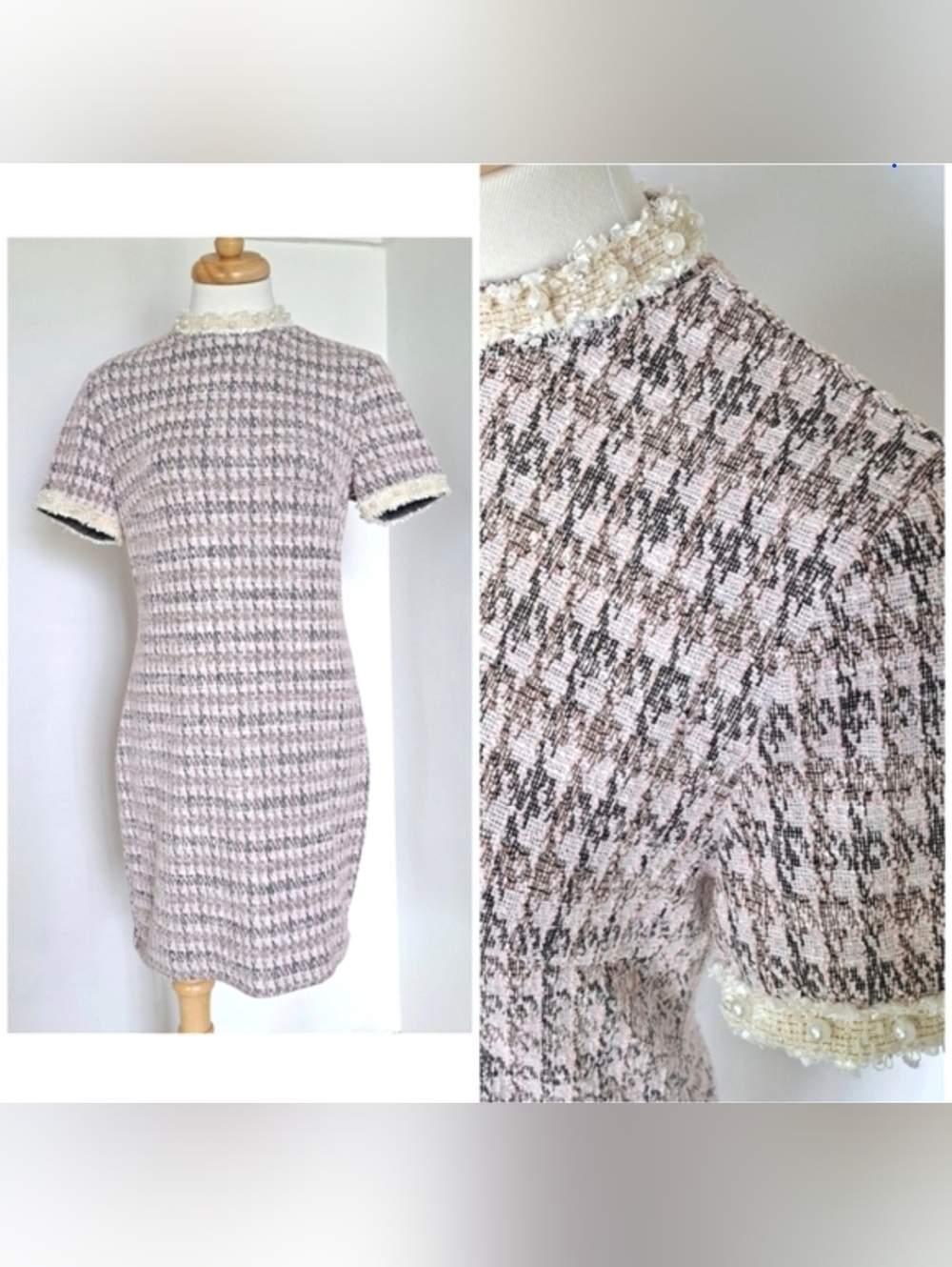 Pink Houndstooth Tweed Mini Dress Pearl Lace Trim Small